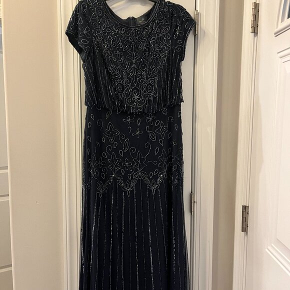 Adrianna Papell Beaded Short-Sleeve Sheer-Overlay Gown - Navy - Women's Size 10 - Picture 6 of 8